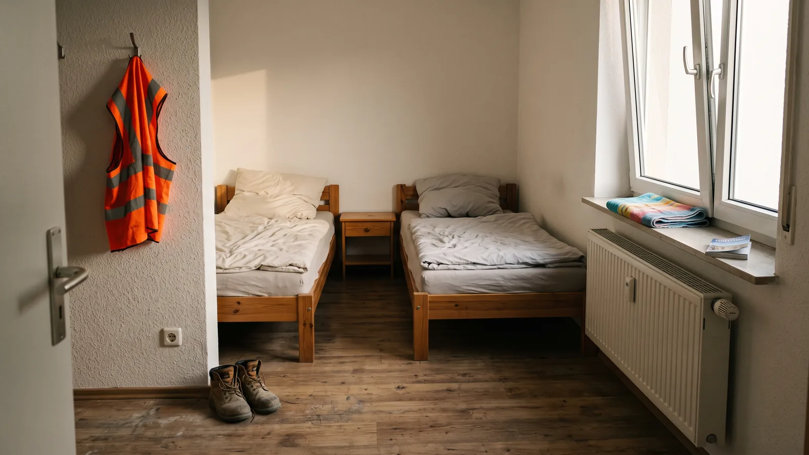 Zimmer mit zwei Einzelbetten, Arbeitsschuhen und Warnweste an der Tür sowie einem Strandtuch auf der Fensterbank – Monteure oder Urlauber als Gäste