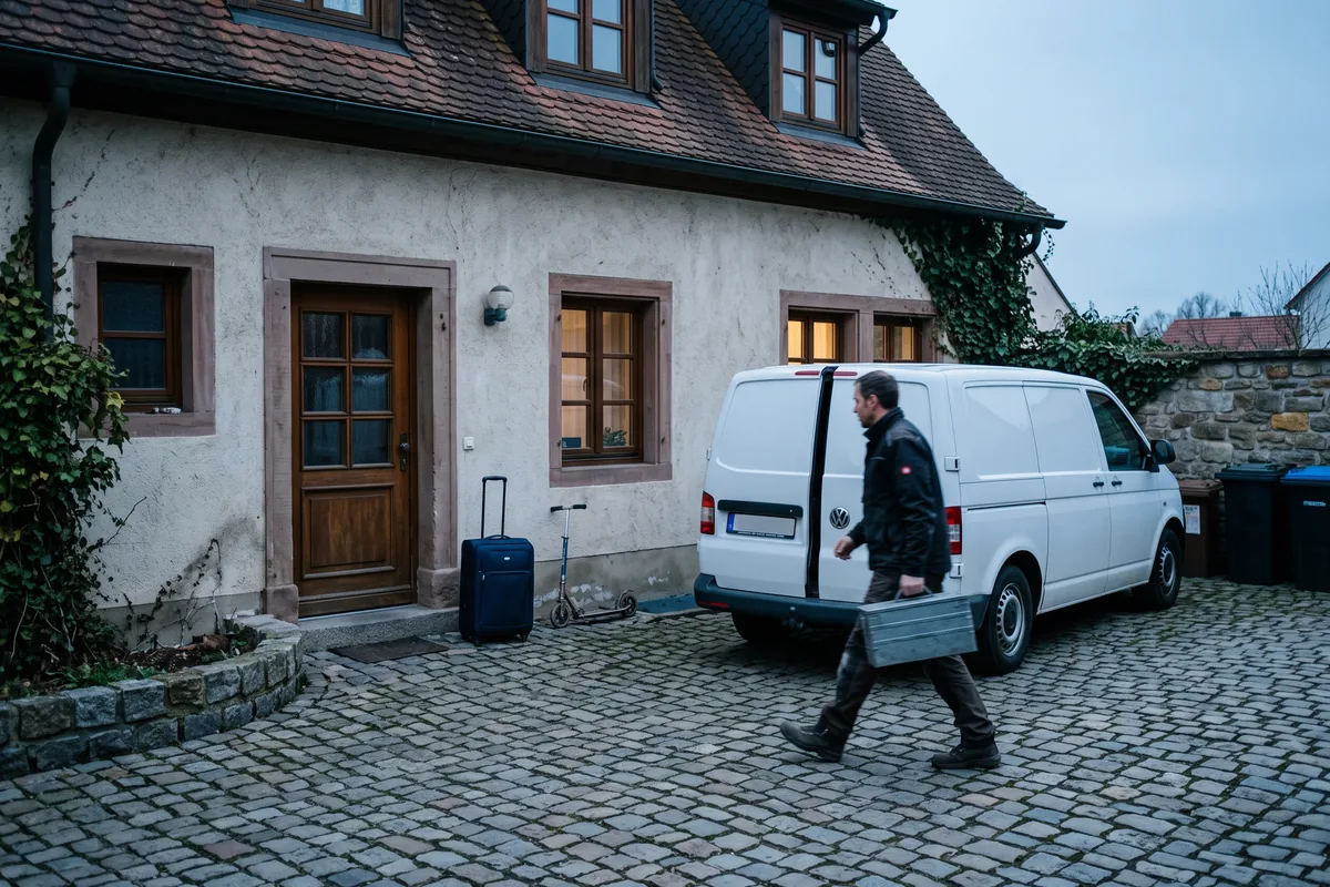 Monteur lädt morgens den Transporter, daneben warten Koffer von Feriengästen – Mischvermietung in einem Haus
