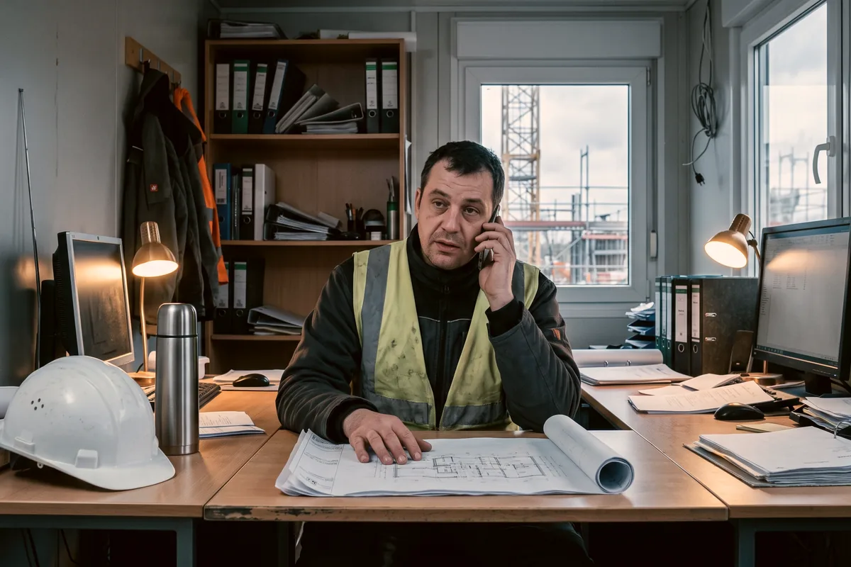 Bauleiter im Baucontainer telefoniert und wartet auf die Antwort auf seine Unterkunftsanfrage