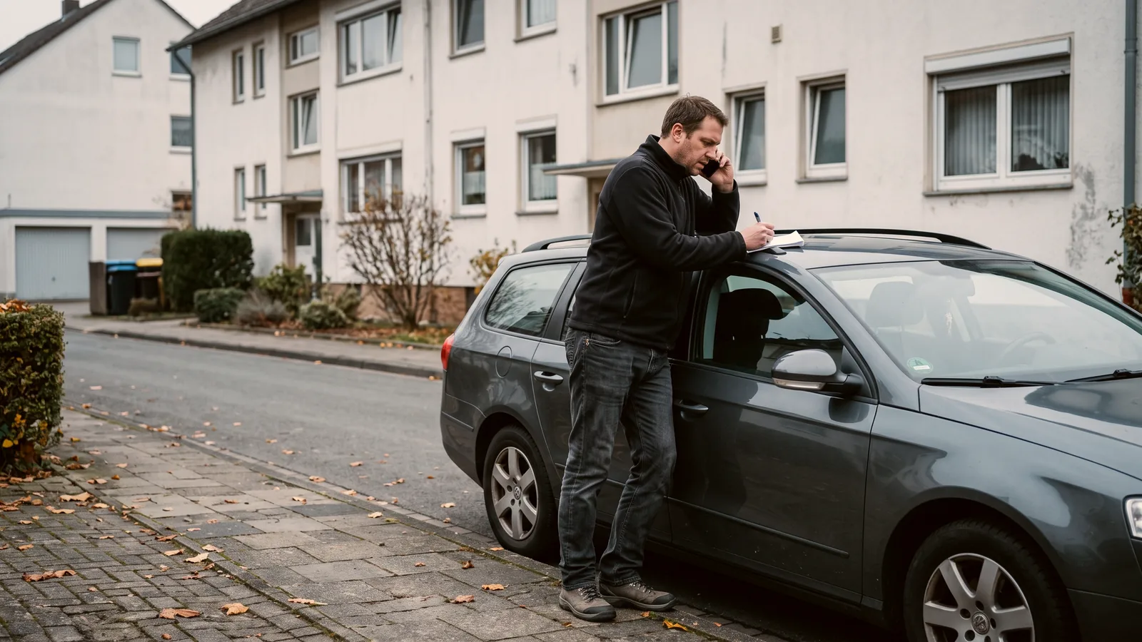 Vermieter nimmt unterwegs am Auto eine Buchungsanfrage per Telefon an und notiert die Angaben