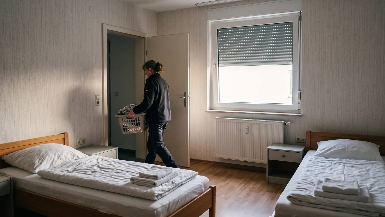 Frisch bezogenes Zimmer mit zwei Einzelbetten in einer Monteurwohnung kurz vor der Anreise des nächsten Teams