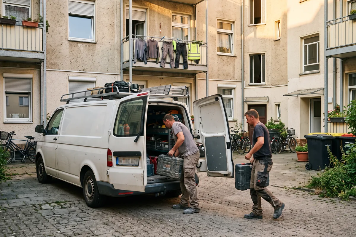 Monteure laden an einem Sommerabend Werkzeug aus dem Transporter vor ihrer Unterkunft