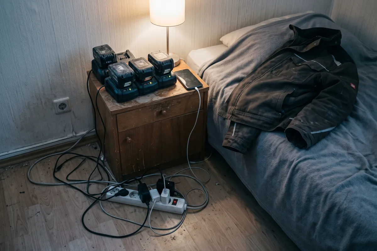 Werkzeugakkus und Handy laden über eine Steckdosenleiste neben dem Bett im Monteurzimmer