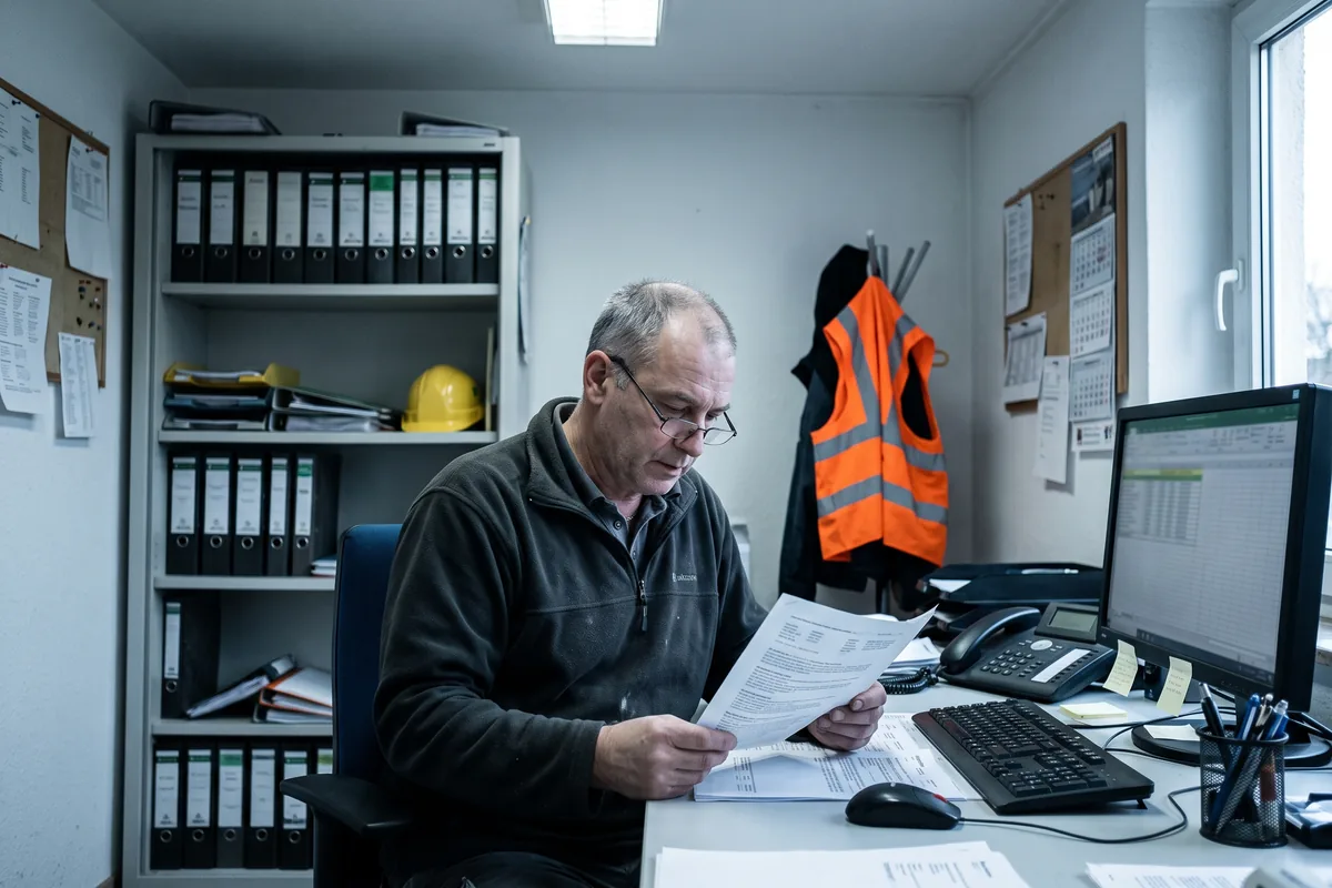 Disponent einer Montagefirma prüft die Buchungsbestätigung für die Unterkunft seines Teams
