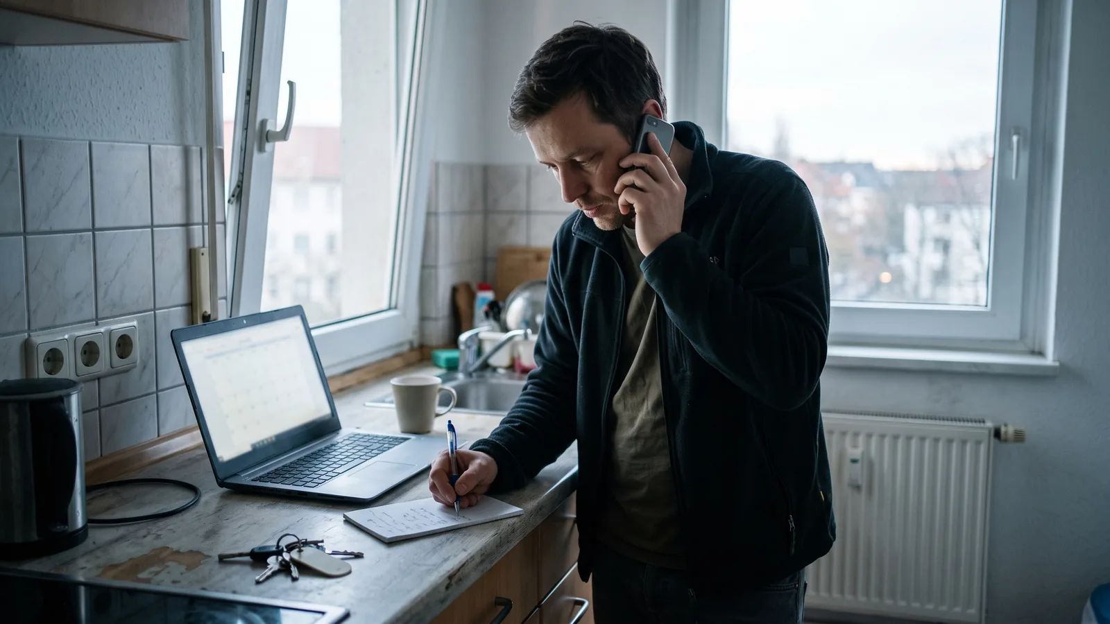 Vermieter bestätigt am Telefon die Buchung eines Monteurzimmers und notiert die Absprache