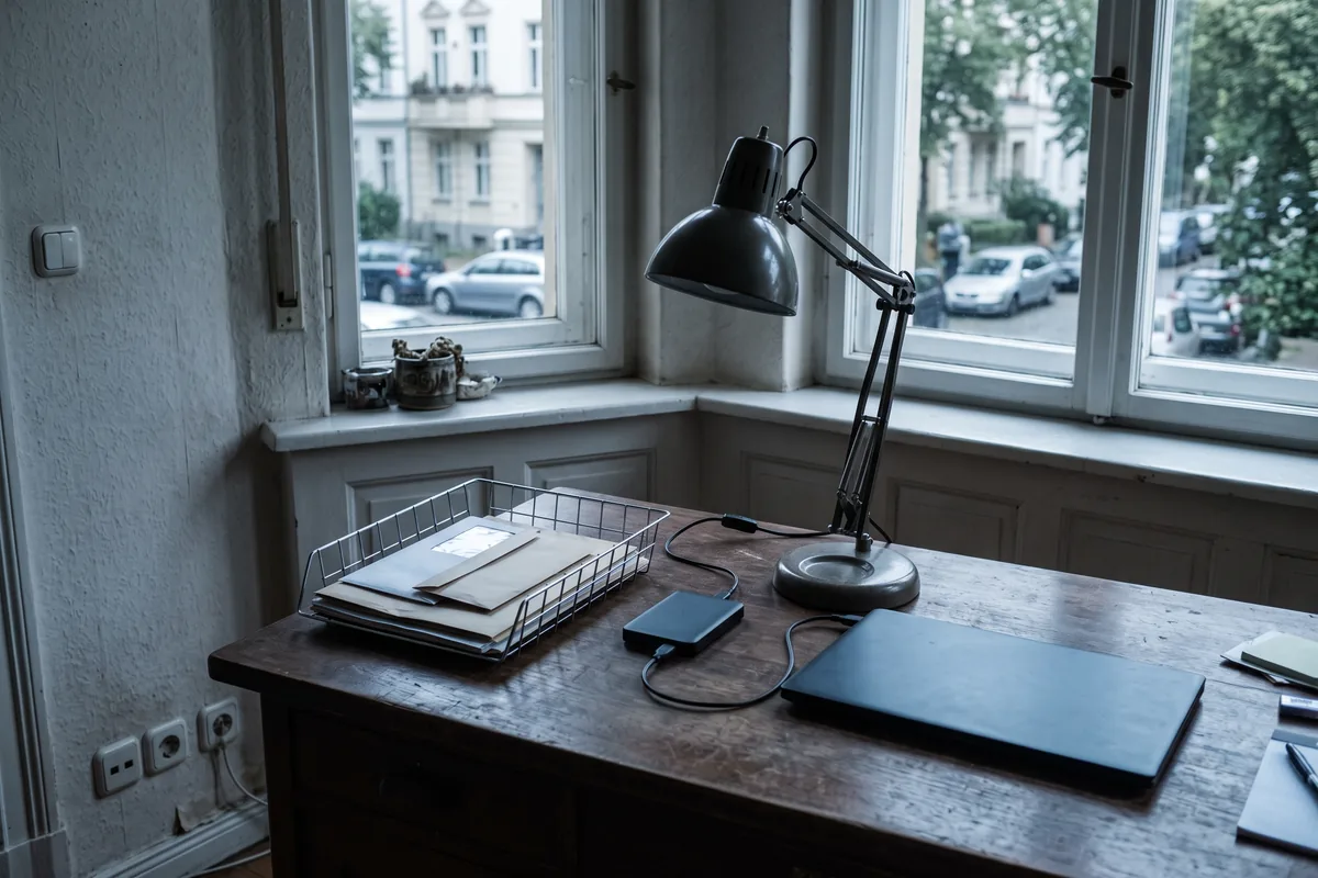 Arbeitsplatz mit Laptop und Festplatte zum Empfangen und Archivieren von E-Rechnungen