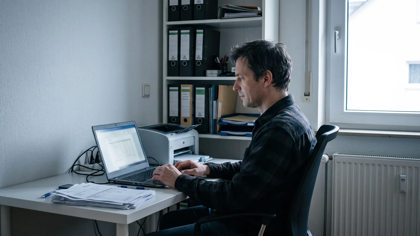 Vermieter am Schreibtisch mit Laptop und Papierrechnungen im kleinen Büro