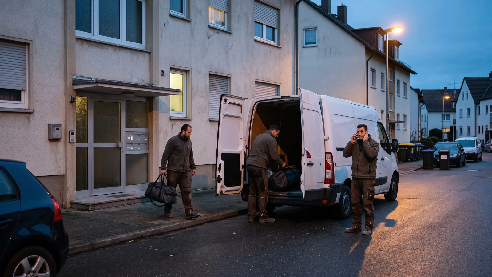 Monteurteam kommt abends mit dem Transporter an einer Monteurwohnung an, einer telefoniert