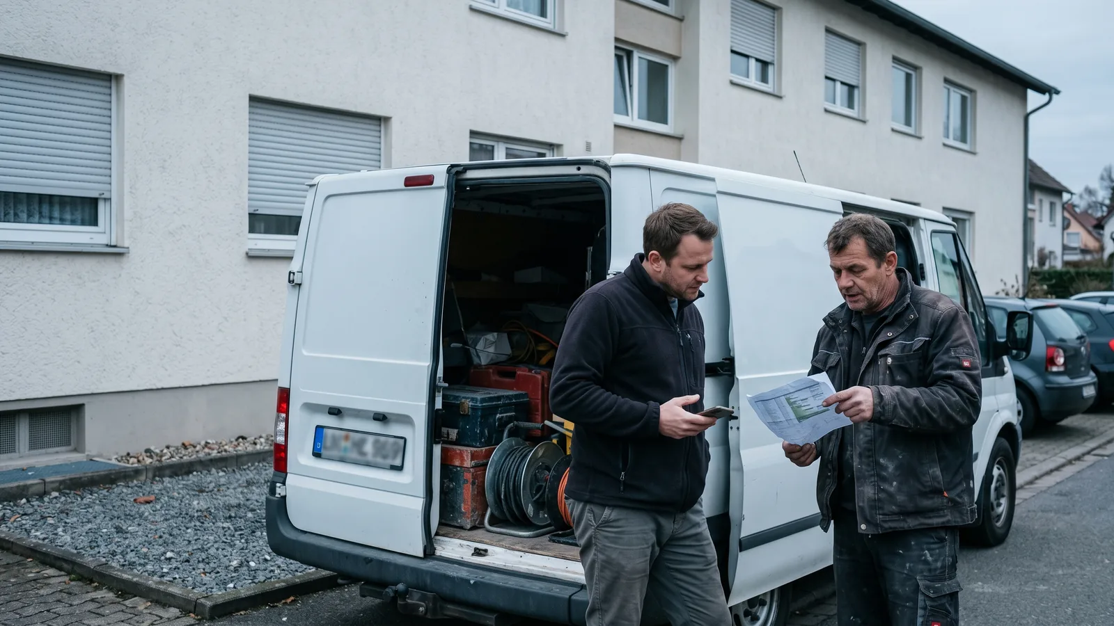 Vermieter und Polier besprechen am Transporter vor der Monteurwohnung die Projektlaufzeit