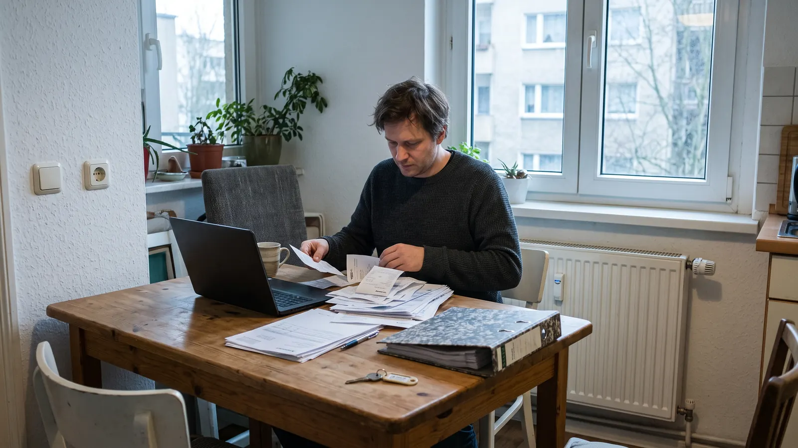 Vermieter sortiert am Küchentisch Formulare und Belege für die Gewerbeanmeldung seiner Monteurzimmer