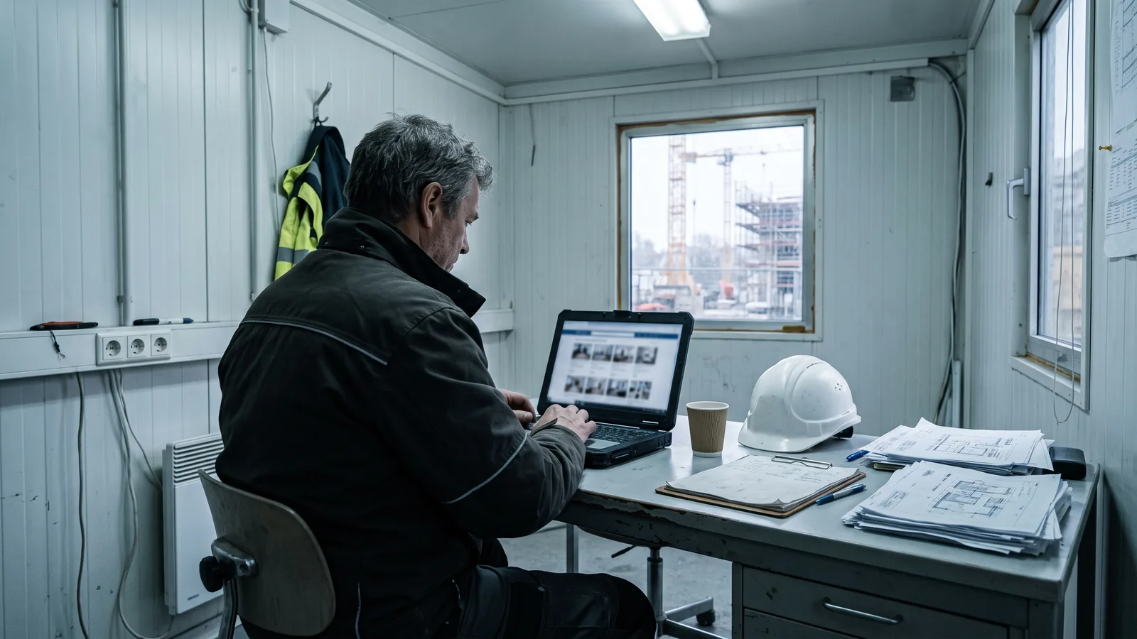 Polier im Baucontainer schaut sich am Laptop das Inserat einer Monteurunterkunft an