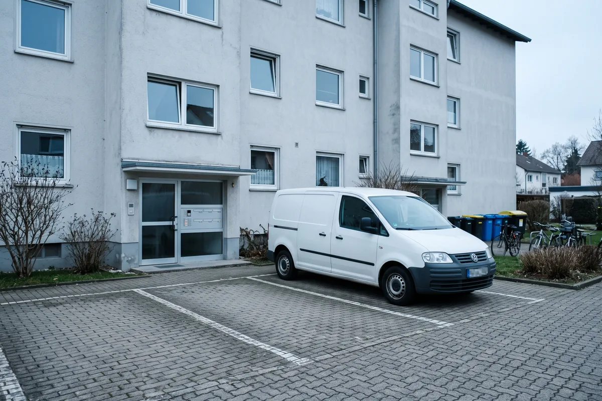 Transporter auf einem Stellplatz im Hof vor einer Monteurunterkunft