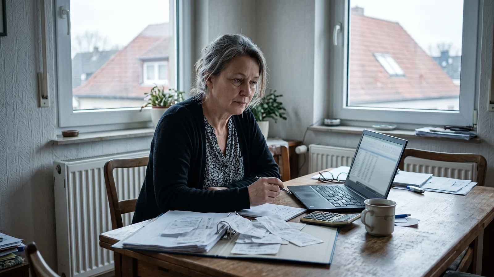 Vermieterin prüft am Esstisch Belege für die Kleinunternehmerregelung