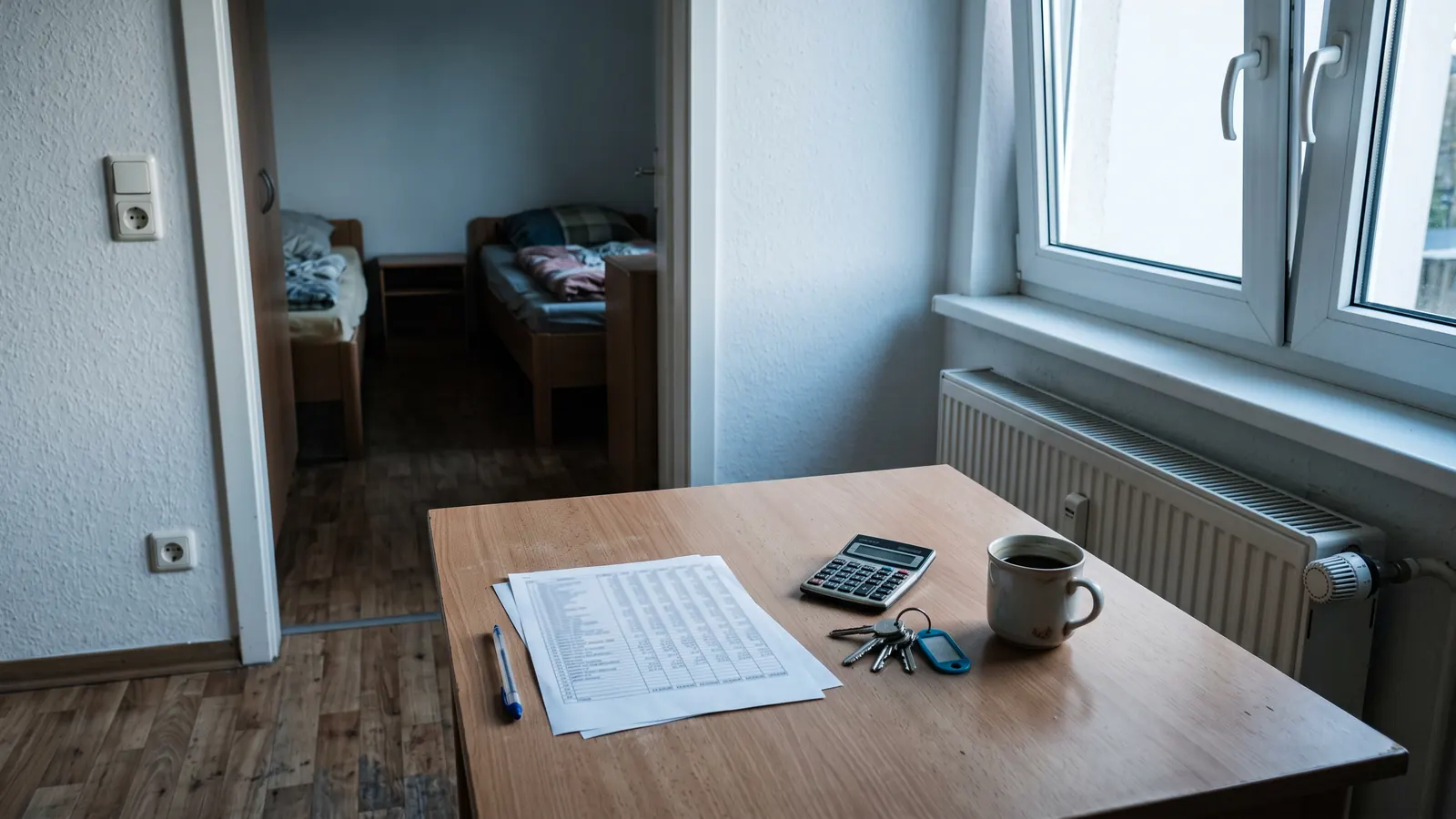 Küchentisch in einer Monteurwohnung mit Kalkulation, Taschenrechner und Wohnungsschlüssel