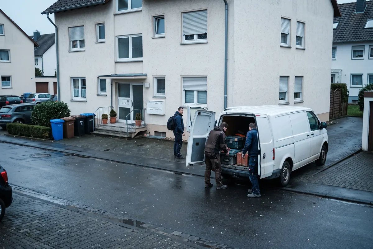 Monteure laden ihren Transporter vor einer Monteurunterkunft, ein Kollege bleibt an der Haustür stehen
