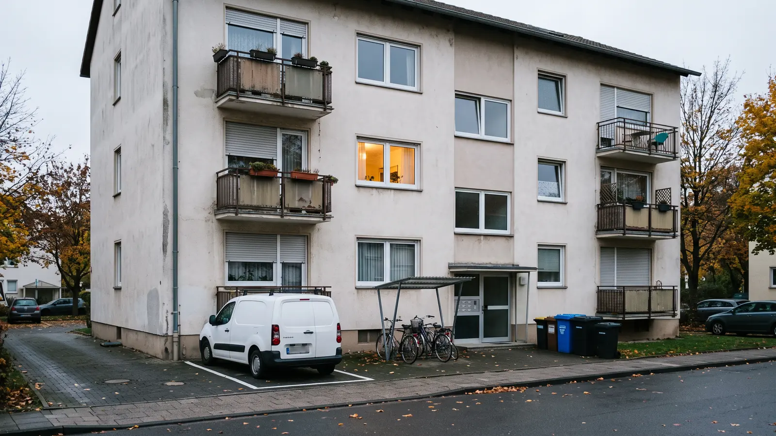 Mehrfamilienhaus mit Eigentumswohnungen und geparktem Transporter, in dem eine Monteurwohnung liegt
