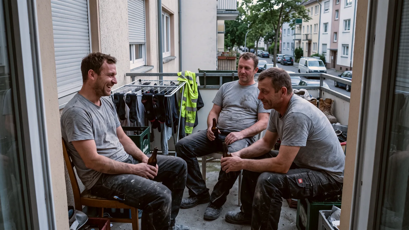 Drei Monteure trinken nach Feierabend ein Bier auf dem Balkon ihrer Monteurwohnung