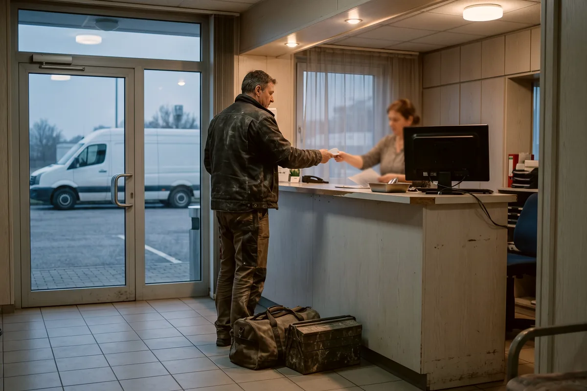 Monteur gibt am frühen Morgen an der Hotelrezeption seine Schlüsselkarte ab