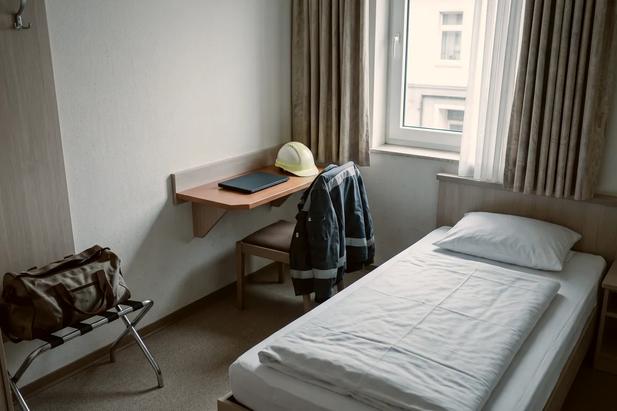 Einfaches Hotelzimmer mit Einzelbett, Schreibtisch und Arbeitsjacke über dem Stuhl