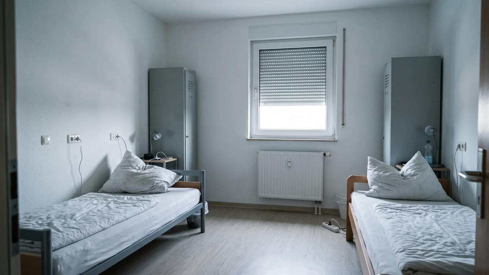 Monteurzimmer mit zwei Einzelbetten, Spinden, Leselampen und Rollladen