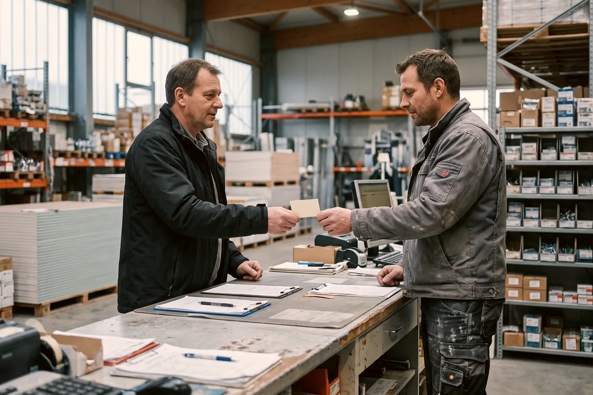 Vermieter gibt einem Handwerker im Baustoffhandel seine Visitenkarte für die Monteurunterkunft