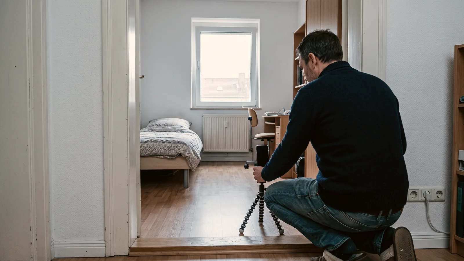 Vermieter fotografiert ein Zimmer mit Smartphone auf Stativ für sein Monteurzimmer-Inserat