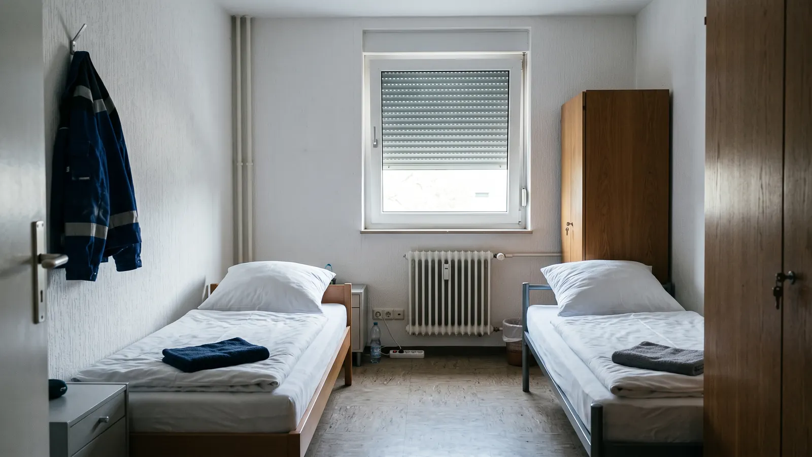 Schlafzimmer einer Monteurwohnung mit zwei Einzelbetten, Schrank und Fenster mit Rollladen