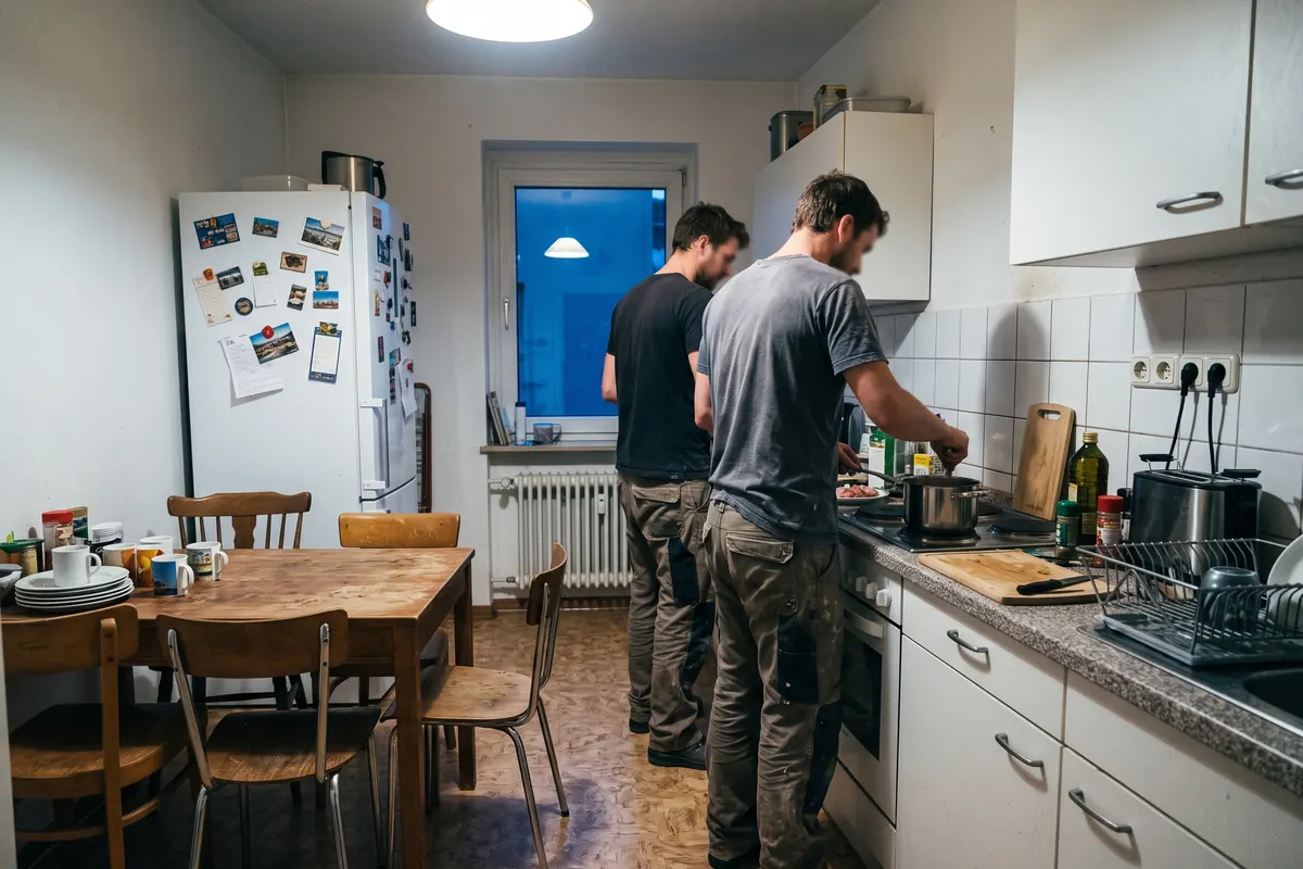 Zwei Monteure kochen abends in der Gemeinschaftsküche einer Monteurwohnung mit großem Esstisch
