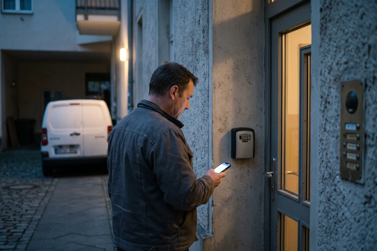 Monteur öffnet bei Dämmerung den Schlüsseltresor neben der Haustür einer Monteurunterkunft