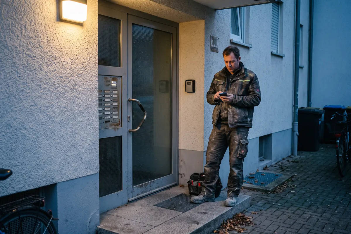 Monteur beim digitalen Check-in am Hauseingang einer Monteurunterkunft