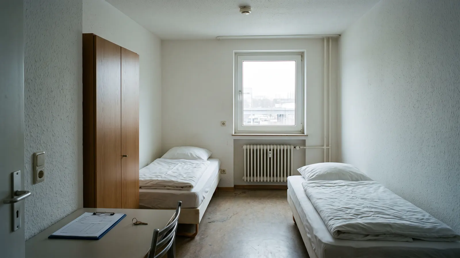 Vorbereitetes Monteurzimmer mit zwei Einzelbetten und Rauchwarnmelder an der Decke