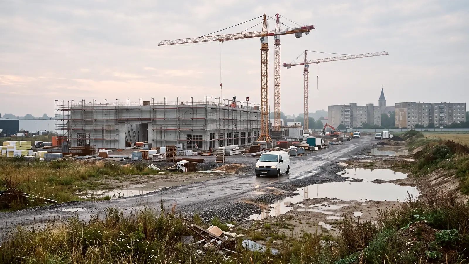 Großbaustelle mit Kränen am Stadtrand einer deutschen Kleinstadt, typischer Auslöser für Nachfrage nach Monteurzimmern