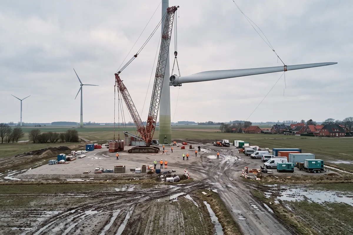 Montage einer Windkraftanlage auf dem Land, Projektteams brauchen dort Monteurunterkünfte für Monate