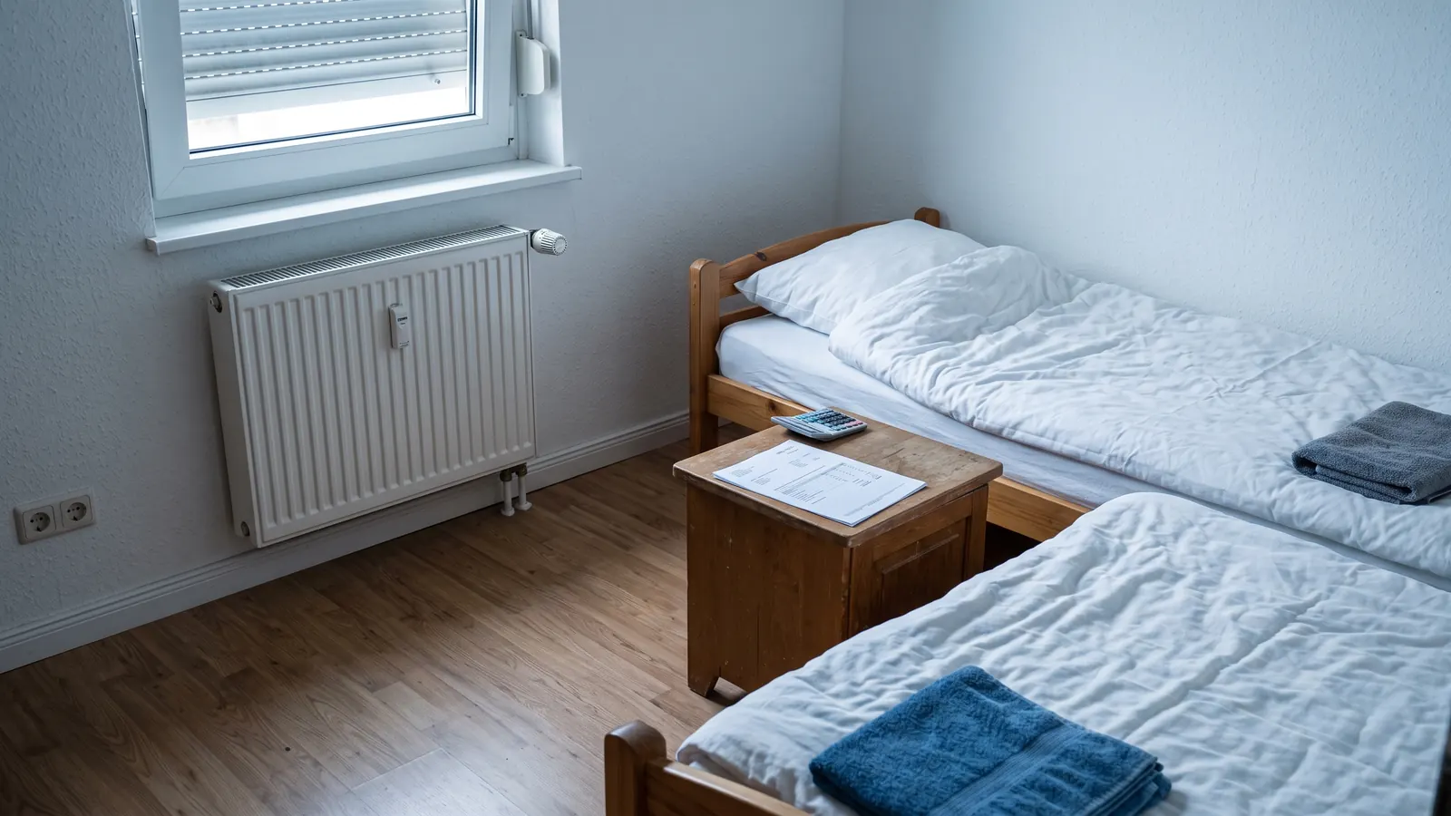Monteurzimmer mit zwei frisch bezogenen Einzelbetten und Taschenrechner auf dem Nachttisch