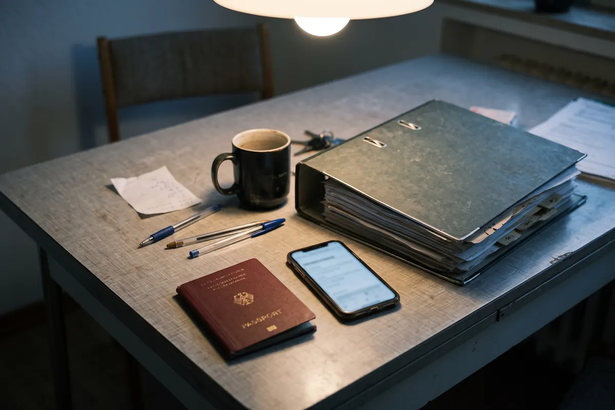 Smartphone mit Online-Check-in und Reisepass auf einem Küchentisch