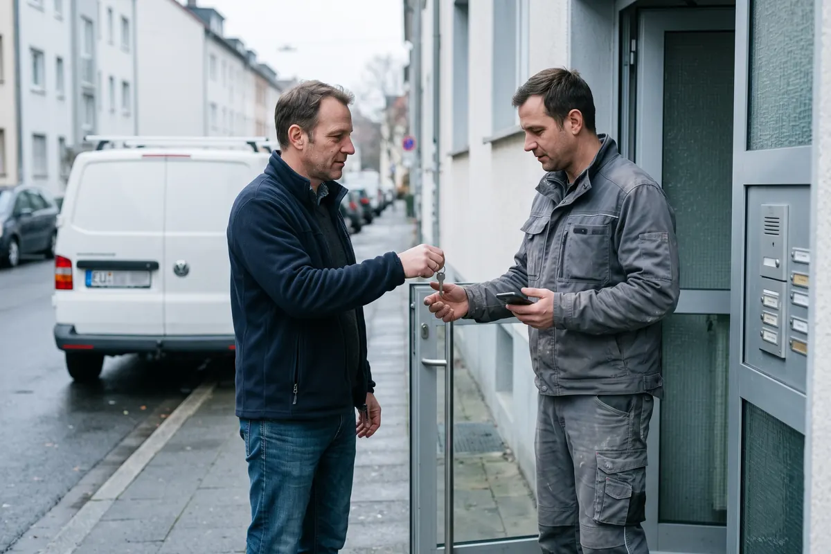 Vermieter übergibt einem Monteur an der Haustür den Schlüssel