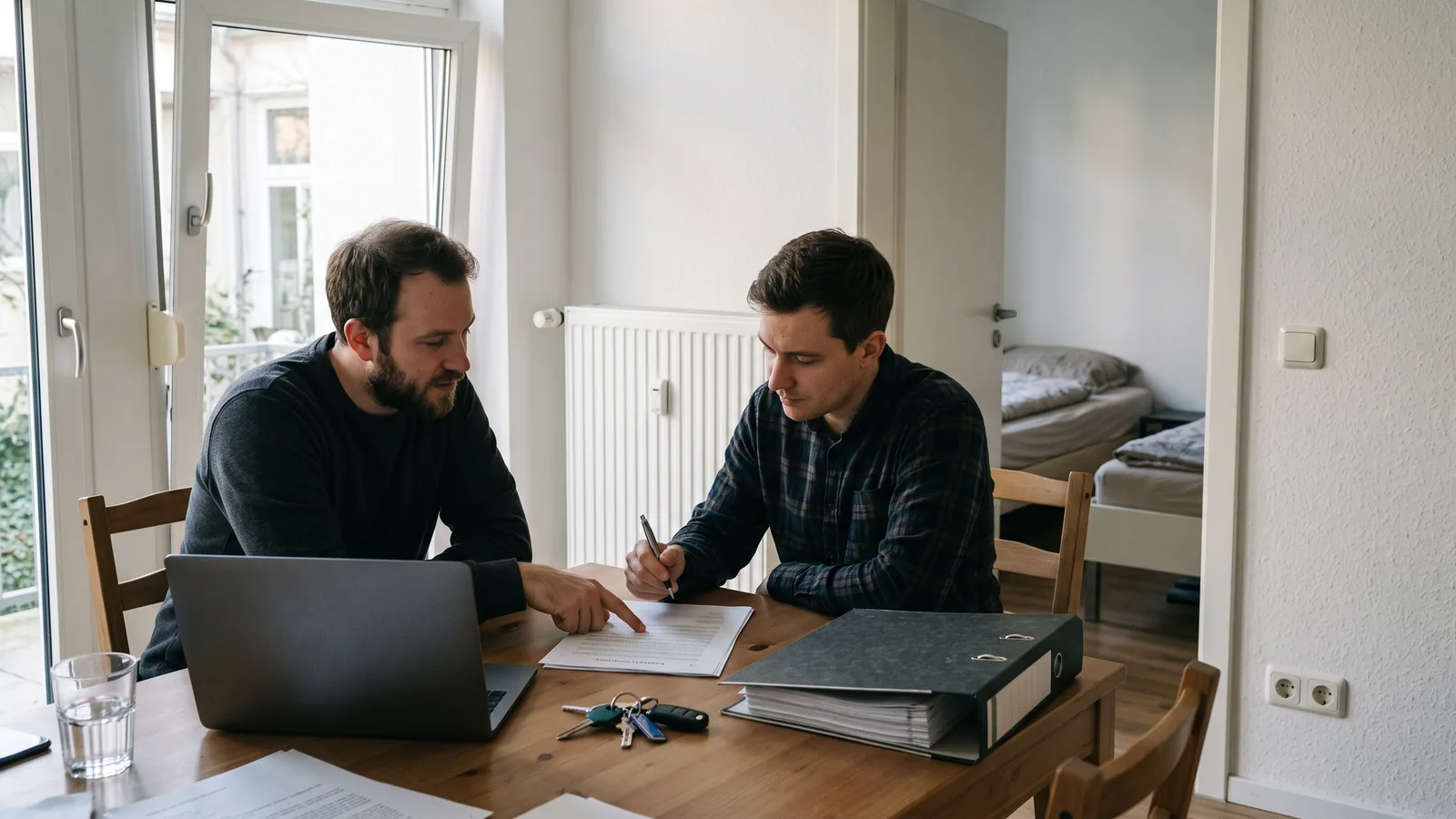 Zwei Partner besprechen am Esstisch einer Monteurwohnung den Gesellschaftsvertrag für ihre Vermietung