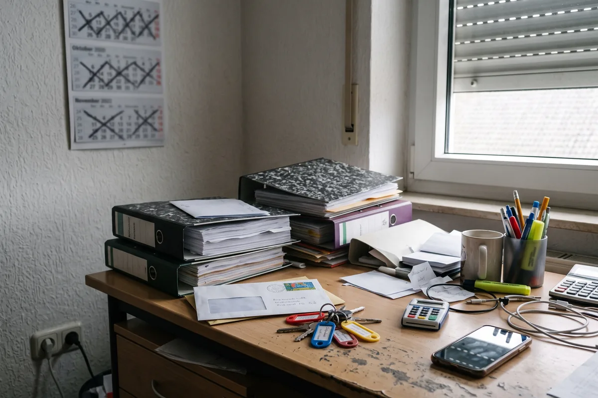 Schreibtisch mit Ordnern und Wohnungsschlüsseln beim Umstellen der Rechtsform