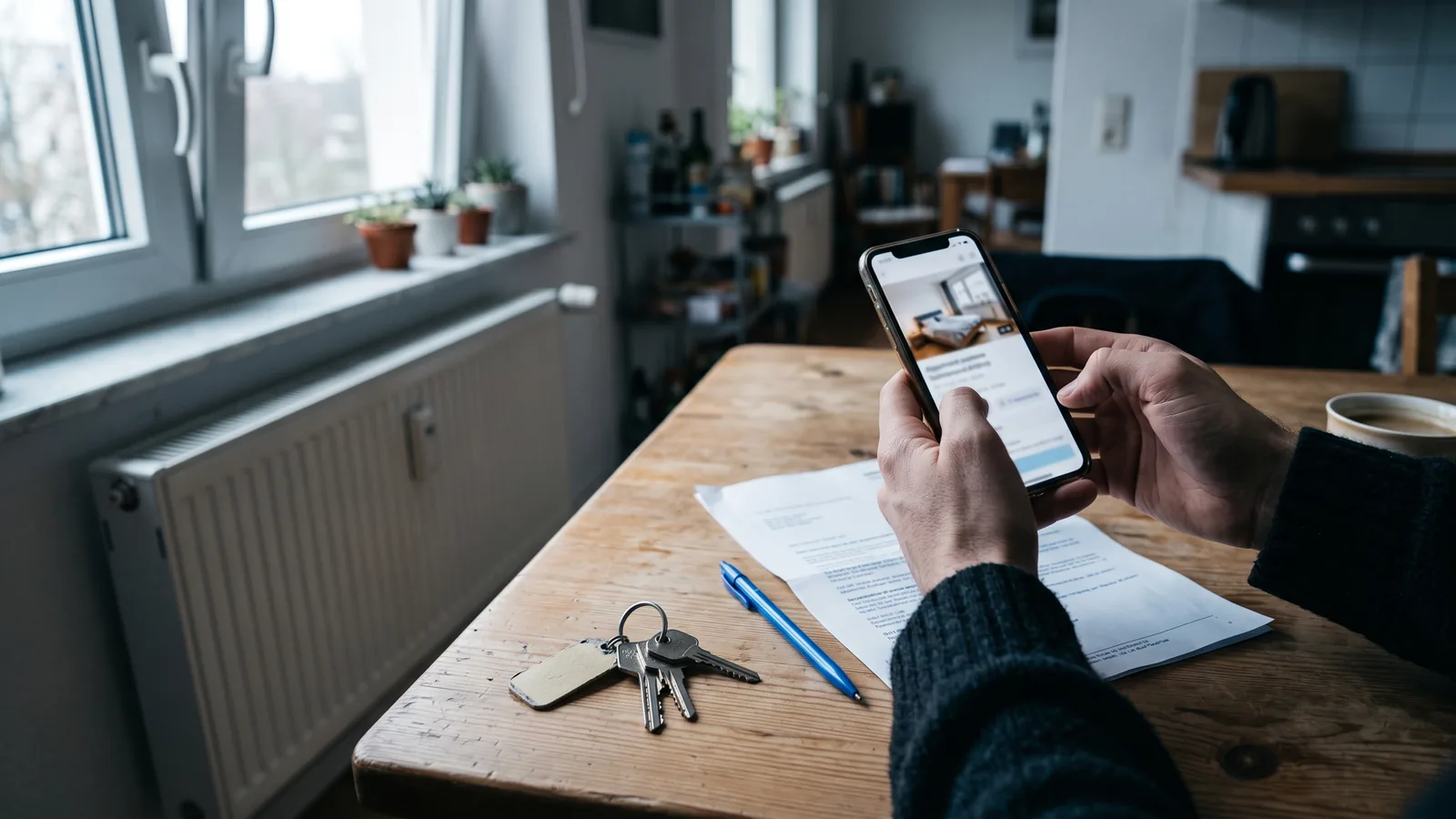 Vermieter prüft auf dem Smartphone ein Inserat, daneben ein Schreiben der Stadt und ein Schlüsselbund