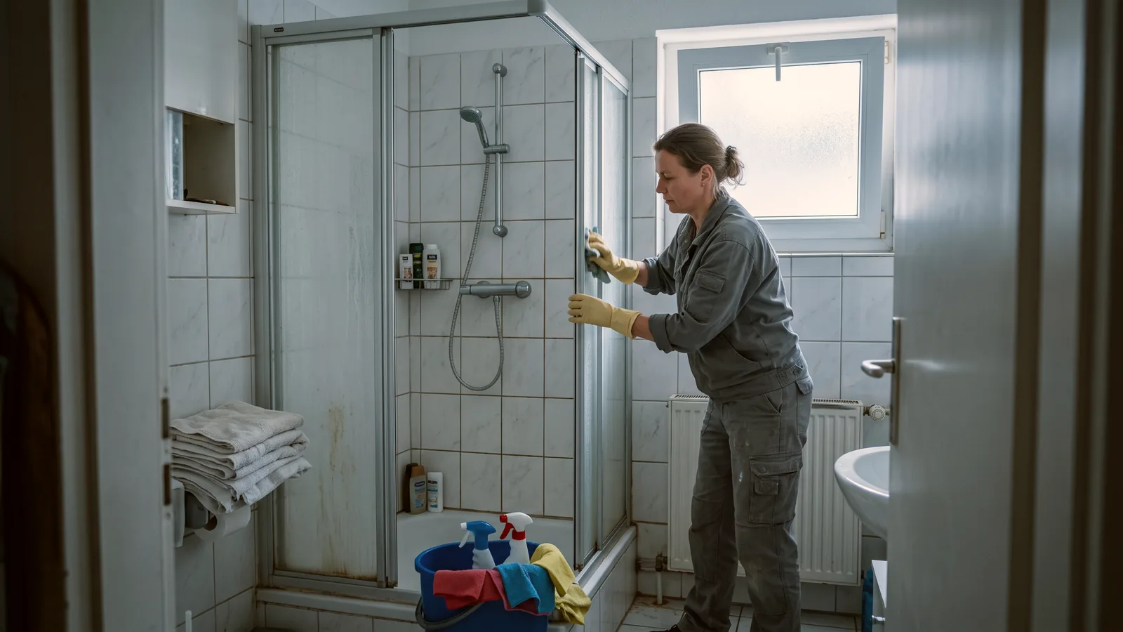 Reinigungskraft putzt beim Gästewechsel die Dusche im Bad einer Monteurwohnung