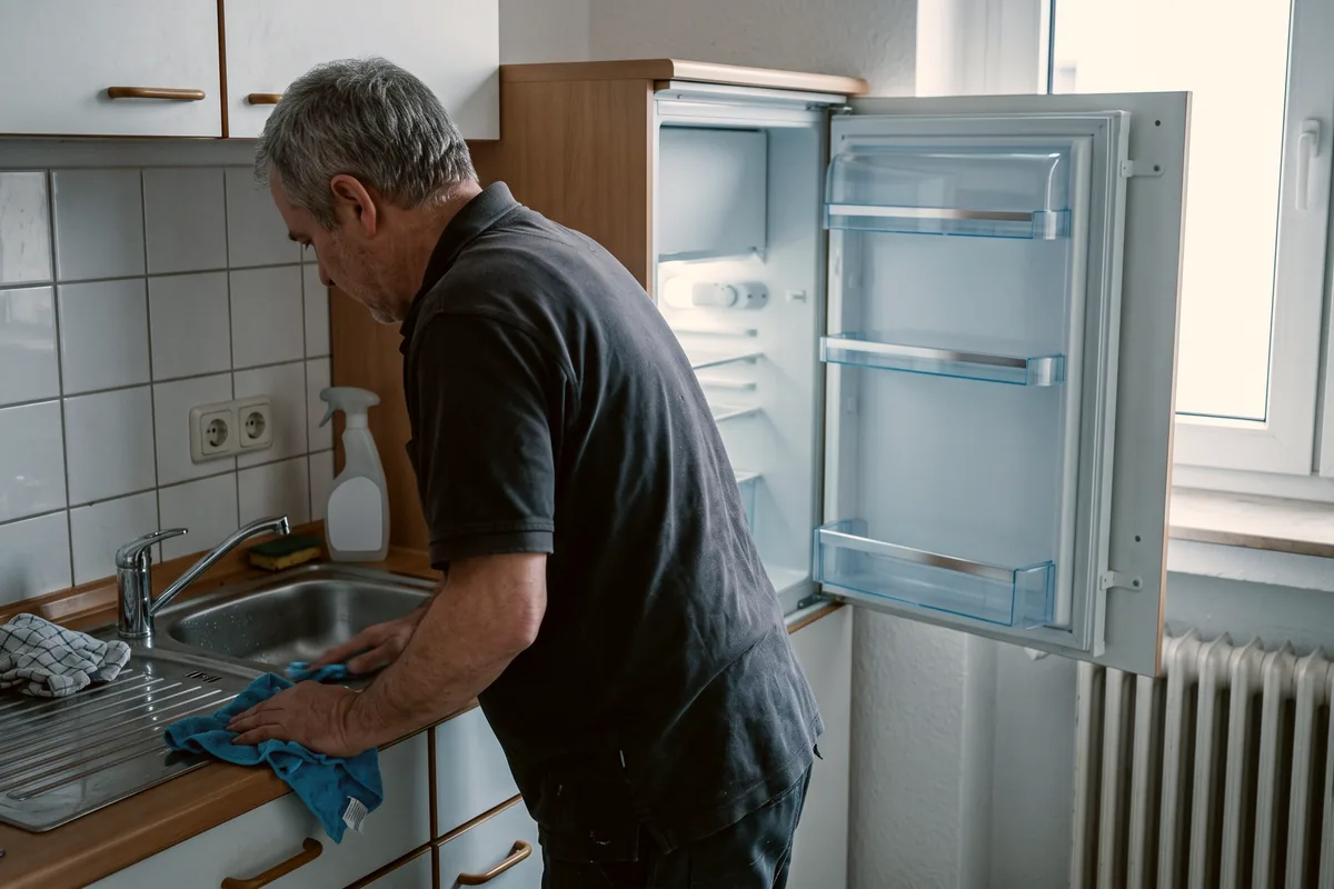 Reinigungskraft putzt Spüle und Arbeitsplatte in der Küche einer Monteurwohnung