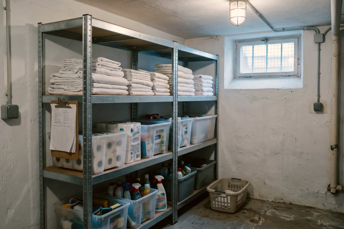 Wäschelager mit gestapelter Bettwäsche und Handtüchern für Monteurzimmer im Keller