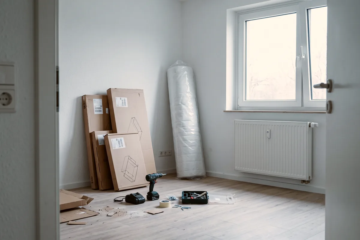 Leere Wohnung mit Möbelkartons vor der Einrichtung als Monteurwohnung