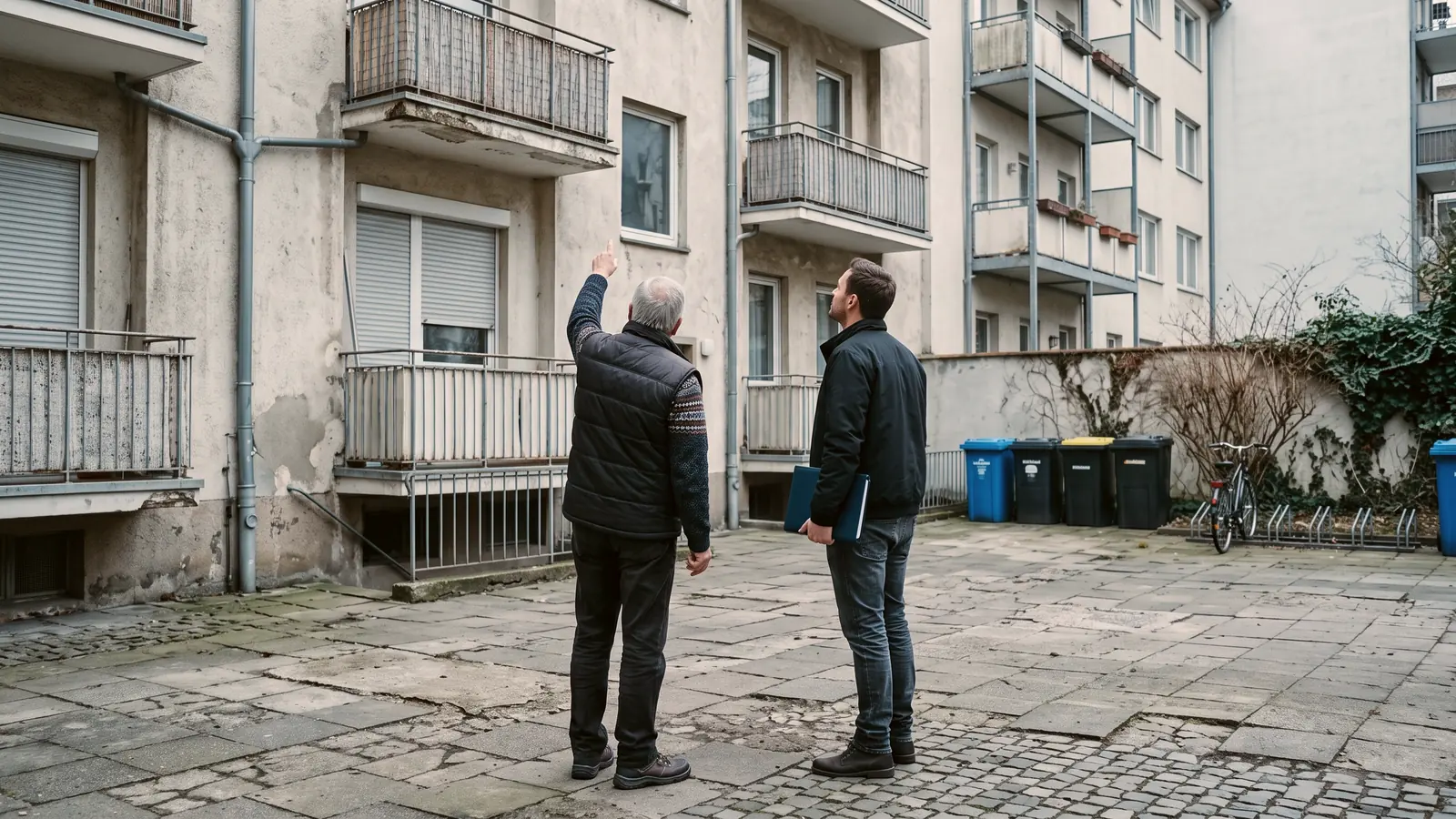 Eigentümer und Zwischenmieter schauen im Hinterhof eines Mehrfamilienhauses an der Fassade hoch
