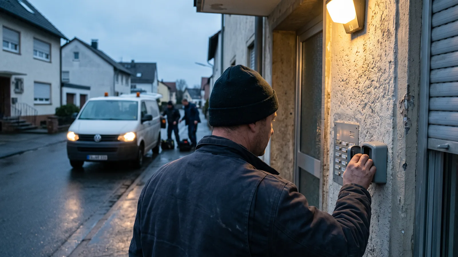 Monteur öffnet am Abend einen Schlüsseltresor am Seiteneingang eines Mehrfamilienhauses, im Hintergrund der Transporter des Teams