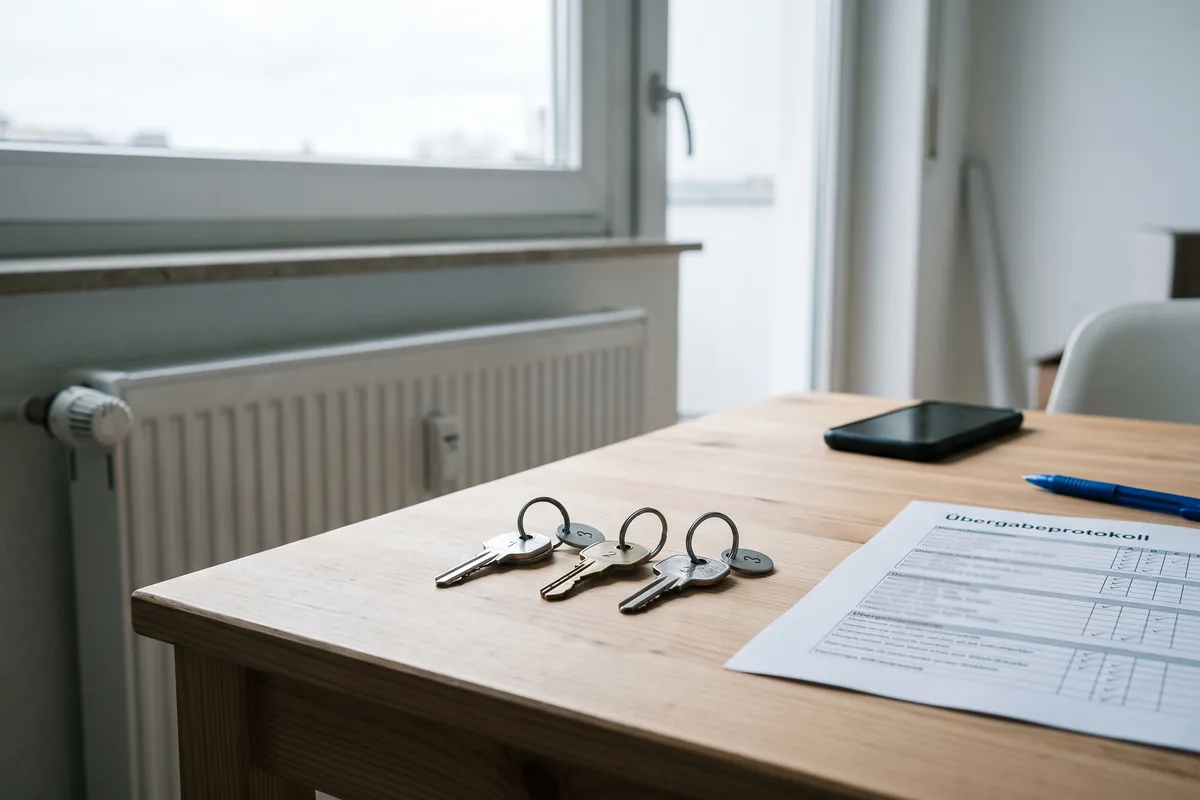 Drei nummerierte Wohnungsschlüssel und ein Übergabeprotokoll auf einem Tisch in einer Monteurwohnung