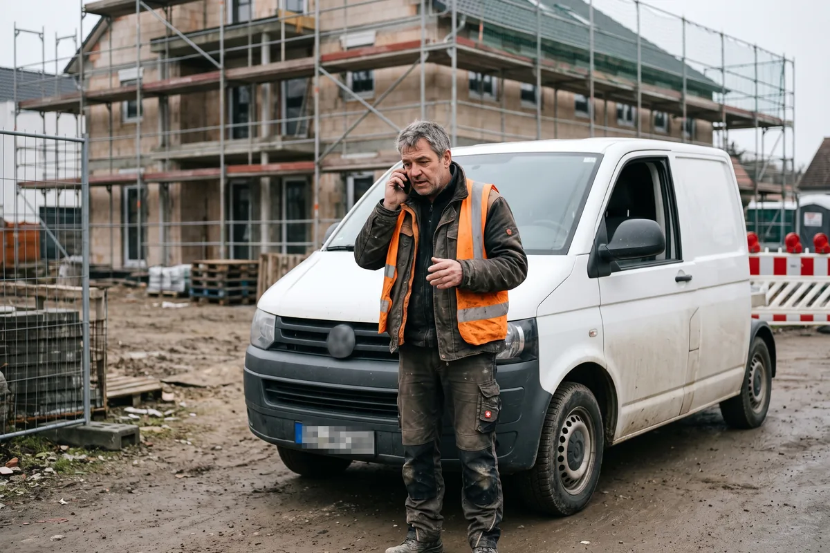 Bauleiter telefoniert auf der Baustelle, weil sich der Projektstart für sein Team verschiebt