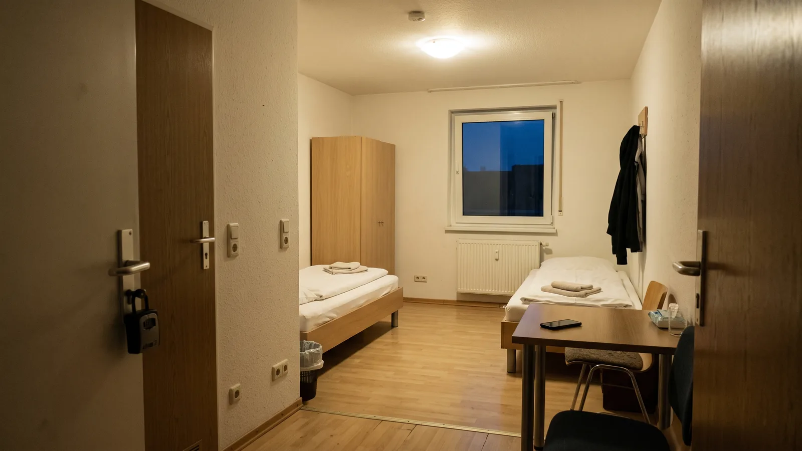 Frisch bezogene Einzelbetten in einer Monteurwohnung am Abend, die Gäste sind noch nicht angereist