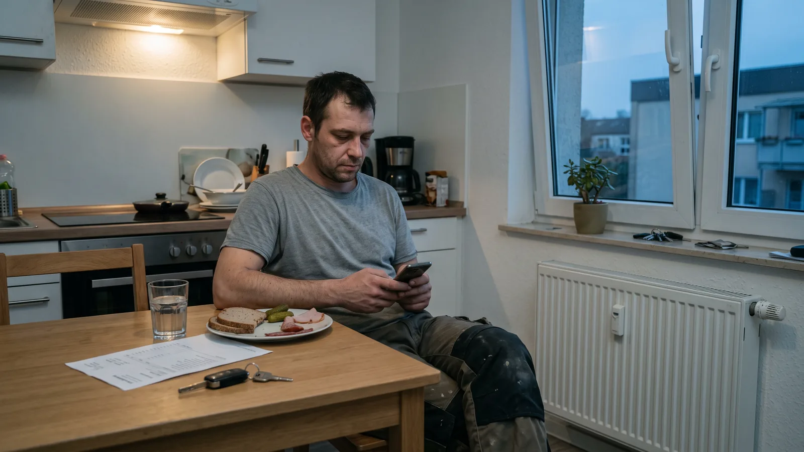 Monteur notiert abends in der Monteurwohnung seine Einsatzzeiten, daneben Rechnung und selbst gekochtes Essen