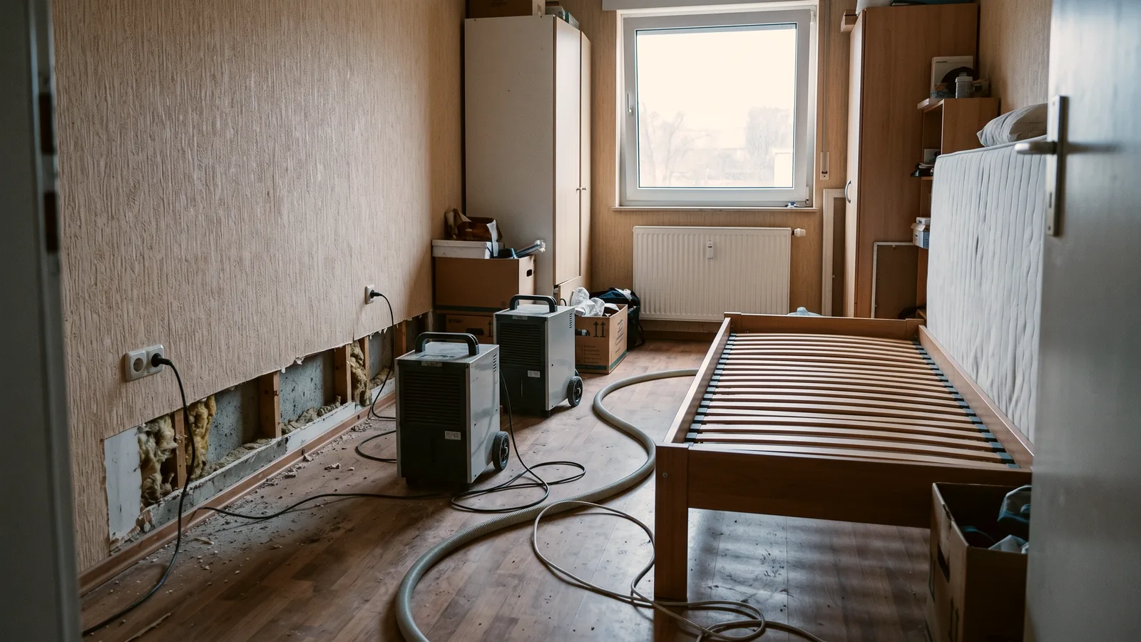 Trocknungsgeräte laufen in einem Monteurzimmer mit geöffneter Wand nach einem Wasserschaden